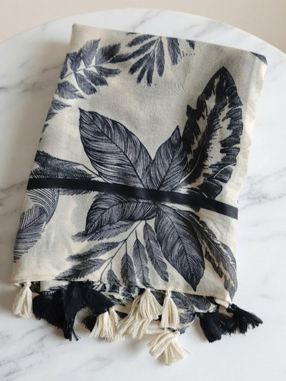 Women's Cream scarf with Black Leaf Print - Picture 5 of 5